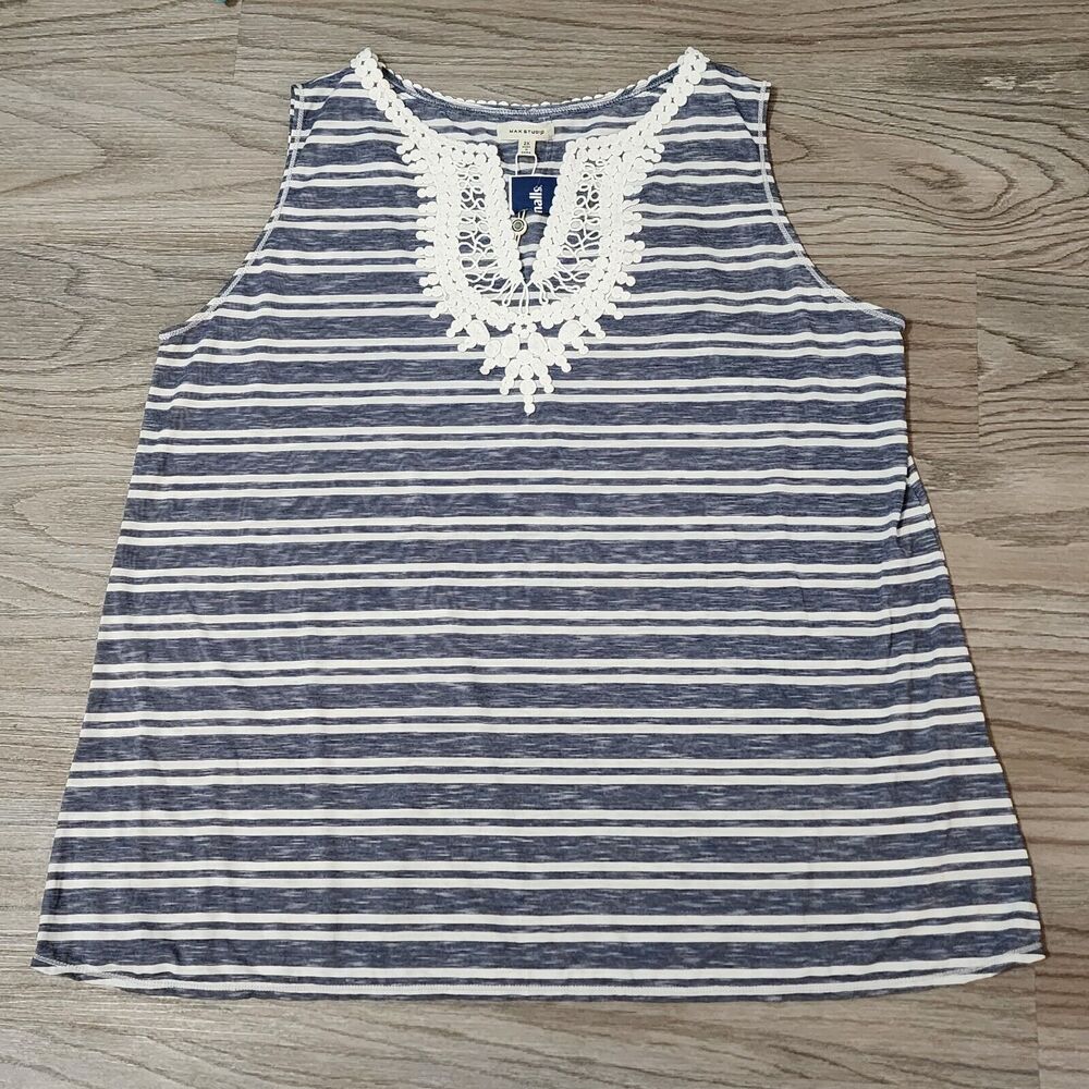 Max Studio Sleeveless Top 2X Rayon Blend Crochet Trim V-Neck Striped Blue White
